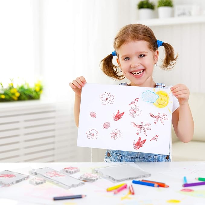 Mudder 7 Pieces Acrylic Stamp Blocks Set Clear Stamping Blocks Tools for Kids with Grid and Grip Scrapbooking Craft Making, Decorative DIY Essential Stamping Tool(Lace Edge)