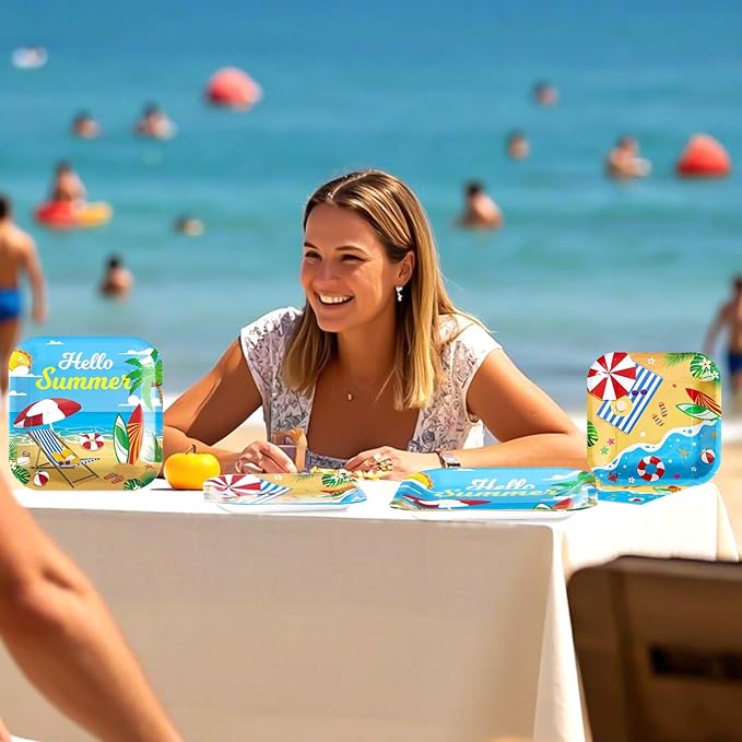 Grencian 200Pcs Beach Party Supplies Hello Summer Party Plates and Napkins Disposable Summer Pool Paper Tableware Set for Hawaiian Beach Pool Birthday Baby Showe Decorations, Serves 50