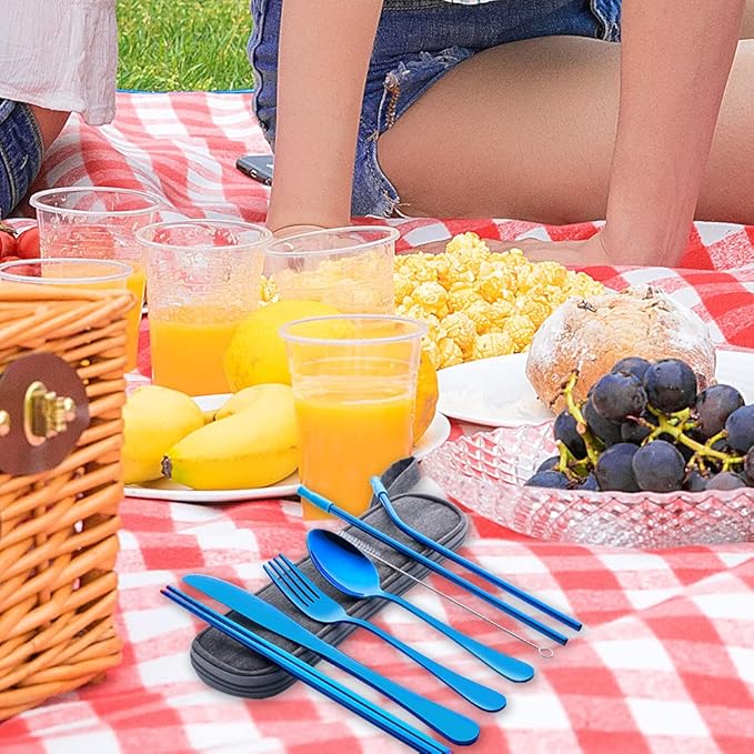 Travel Utensils Set with Case Reusable Portable Cutlery Set Stainless Steel 8pcs Including Dinner Knife Fork Spoon Chopsticks straws(Blue)