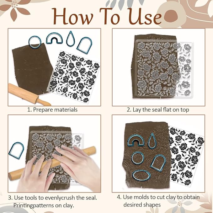 CHGCRAFT Peony Polymer Clay Texture Sheets Peony Silicone Clay Texture Stamp Clay Modeling Pattern Pad Texture Sheets for Earrings Jewelry Making