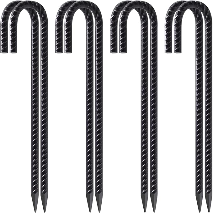 VVOKGO Rebar Stakes 12 Inches J Hook Heavy Duty Chain Link Fence Stakes, 8 Pcs Metal Long Tent Spikes Ground Anchors for Wire Fencing, Dogs Digging, Camping Tents, Swings, Greenhouse, Black
