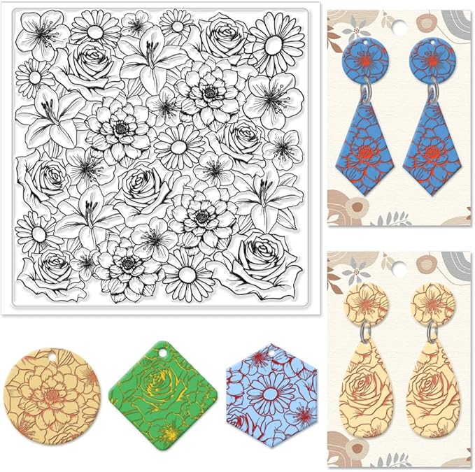 CHGCRAFT Flowers Polymer Clay Texture Sheets Rose Daisy Silicone Texture Stamp Lilies Cherry Blossom Clay Modeling Pattern Pad Texture Sheets for Polymer Clay Making Earrings Jewelry