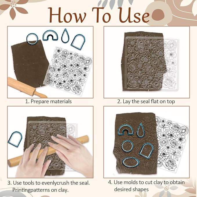 CHGCRAFT Flowers Polymer Clay Texture Sheets Rose Daisy Silicone Texture Stamp Lilies Cherry Blossom Clay Modeling Pattern Pad Texture Sheets for Polymer Clay Making Earrings Jewelry