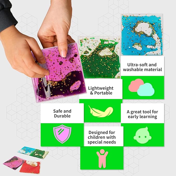 LONGKING 2-Pack Liquid Tiles for Kids, Soft Gel Liquid Sensory Toys for Autistic Children, Sensory Mats, Sensory Toys for Toddlers 3-4