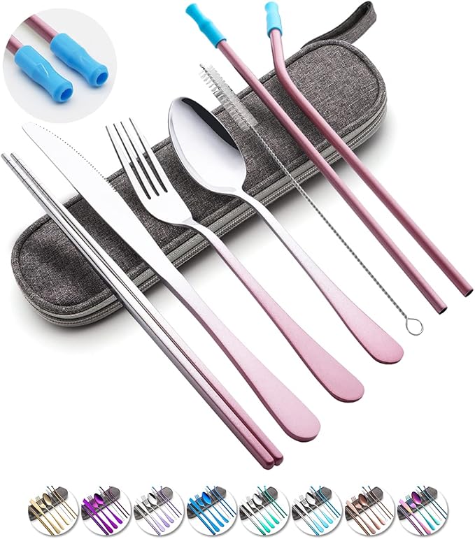Travel Utensils Set with Case Reusable Portable Cutlery Set Stainless Steel 8pcs Including Dinner Knife Fork Spoon Chopsticks straws(Gradient Pink)