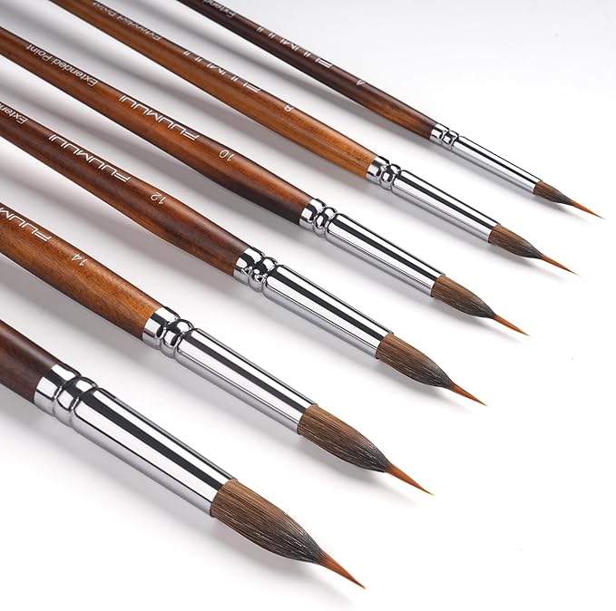 Watercolor Brushes Professional, Fuumuui 6Pcs Extended Needle Point Brushes Synthetic Extra Long Pinhead Brush with Sable Body for Fine Detailing - Watercolor Acrylic Gouache Inks Painting