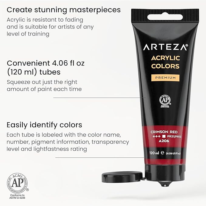 ARTEZA Acrylic Paint Set of 14 Colors, 4.06 Ounce Tubes, Non-Toxic Acrylic Artist Paints. Art Supplies for Painting