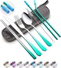 Travel Utensils Set with Case Reusable Portable Cutlery Set Stainless Steel 8pcs Including Dinner Knife Fork Spoon Chopsticks straws(Gradient Green)
