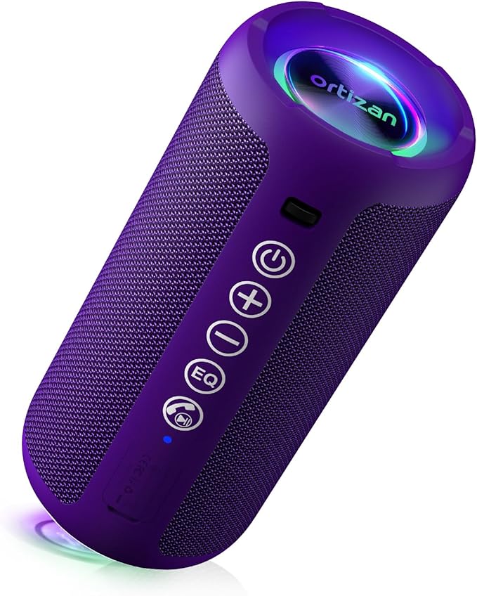 Ortizan Portable Bluetooth Speaker: IPX7 Waterproof, 24W Loud Sound, Deep Bass, Bluetooth 5.3, LED Lights, Wireless Stereo Pairing, 30H Playtime, for Home/Outdoor/Party/Beach, Birthday Gift (Purple)