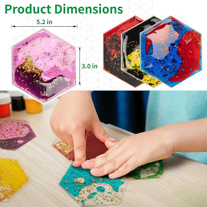 LONGKING 8-Pack Hexagon Liquid Tiles for Kids, Soft Gel Liquid Sensory Toys for Autistic Children, Sensory Mats, Sensory Toys for Toddlers 3-4