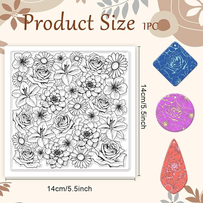 CHGCRAFT Flowers Polymer Clay Texture Sheets Rose Daisy Silicone Texture Stamp Lilies Cherry Blossom Clay Modeling Pattern Pad Texture Sheets for Polymer Clay Making Earrings Jewelry