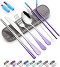 Travel Utensils Set with Case Reusable Portable Cutlery Set Stainless Steel 8pcs Including Dinner Knife Fork Spoon Chopsticks straws (Gradient Purple)