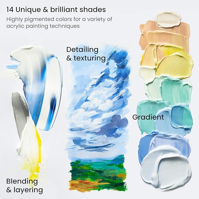 ARTEZA Acrylic Paint Set of 14 Colors, 4.06 Ounce Tubes, Non-Toxic Acrylic Artist Paints. Art Supplies for Painting