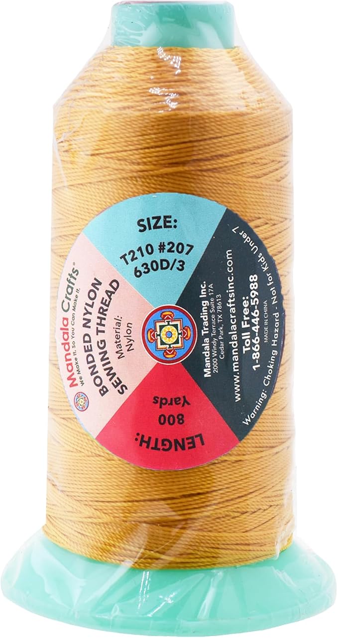 Mandala Crafts Bonded Nylon Thread Gold Heavy Duty Sewing Threads - 800 YDs Size 207 630D T210 Tex 210 Thread for Leather Jeans Weaving Outdoor Marine Upholstery Threads
