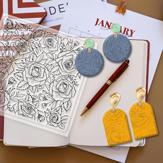 CHGCRAFT Polymer Clay Texture Sheets Rose Background Silicone Texture Stamp Sheets for Polymer Clay Texture Mat for Making Earrings Jewerly, Polymer Clay Earrings Tools, 5.5x5.5inch