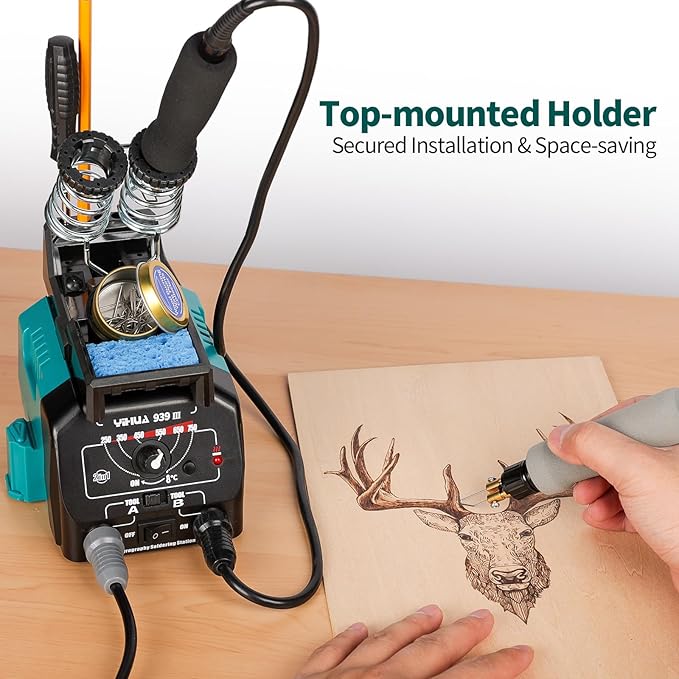 YIHUA 939 III Dual Pen Pyrography Station 2-in-1 Wood-Burning Tool with Two Wood-Burning pens 250-750°C Temperature Adjustable 20 Detailer nibs and 7 Essential Accessories and Tools Included