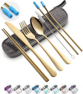 Travel Utensils Set with Case Reusable Portable Cutlery Set Stainless Steel 8pcs Including Dinner Knife Fork Spoon Chopsticks straws(Gold)