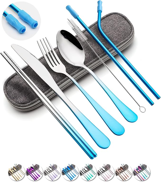 Travel Utensils Set with Case Reusable Portable Cutlery Set Stainless Steel 8pcs Including Dinner Knife Fork Spoon Chopsticks straws(Gradient Blue)