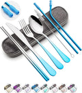 Travel Utensils Set with Case Reusable Portable Cutlery Set Stainless Steel 8pcs Including Dinner Knife Fork Spoon Chopsticks straws(Gradient Blue)