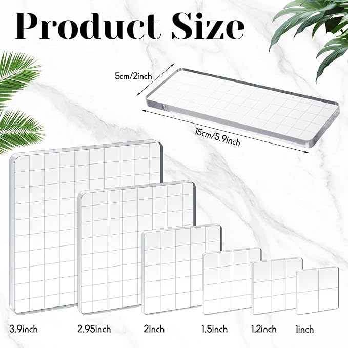 Mudder 7 Pieces Acrylic Stamp Blocks Set Clear Stamping Blocks Tools for Kids with Grid and Grip Scrapbooking Craft Making, Decorative DIY Essential Stamping Tool(Straight Edge)