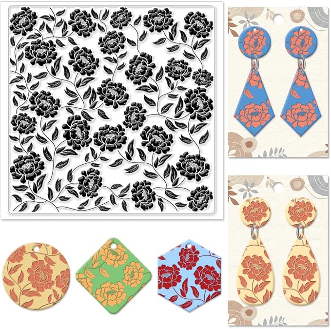 CHGCRAFT Peony Polymer Clay Texture Sheets Peony Silicone Clay Texture Stamp Clay Modeling Pattern Pad Texture Sheets for Earrings Jewelry Making