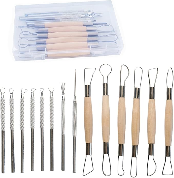 Artzuvs 14Pcs Ceramic Pottery Clay Ribbon Sculpting Tools Kit Wire Texture and Needle Detail Tool with Plastic Box for Carving, Modeling,Sculpture,Trimming