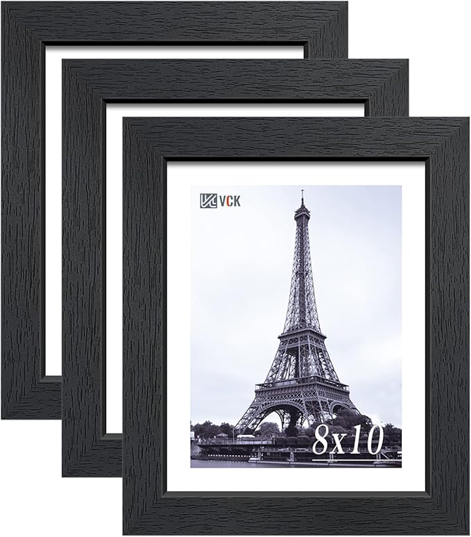VCK 8x10 Picture Frame Set of 3 - Black, Textured Exclusive Solid Wood Picture Frames, Wall Hanging