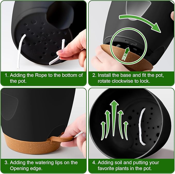 '- Uneed Plastic Flower Pot,5-Pack Plant Pots with Drainage 7/6.5/6/5.5/5 Inch,Self Watering Pots for Indoor Plants,Planters for Indoor Outdoor Plants (Black)