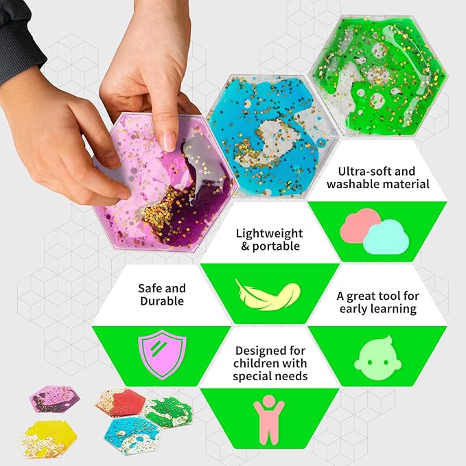 LONGKING 8-Pack Hexagon Liquid Tiles for Kids, Soft Gel Liquid Sensory Toys for Autistic Children, Sensory Mats, Sensory Toys for Toddlers 3-4