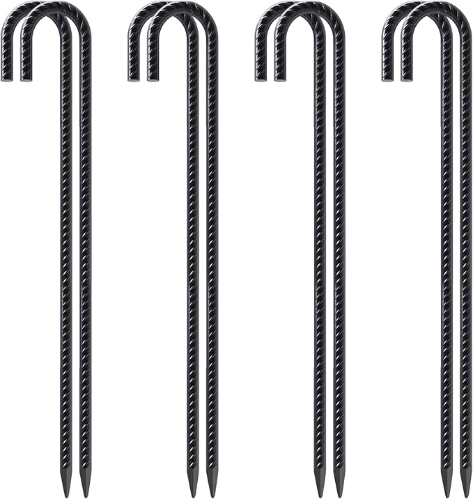 VVOKGO Rebar Stakes 24 Inch J Hook Heavy Duty Ground Anchors (8pcs), 3/8 Inch Diameter Metal Steel Extra Long Fence Stakes with Chisel Point End for Greenhouse, Gazebo, Carport, Camping Tents, Black