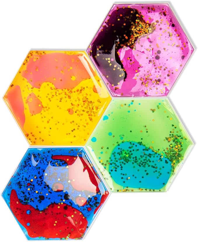 LONGKING 4-Pack Hexagon Liquid Tiles for Kids, Soft Gel Liquid Sensory Toys for Autistic Children, Sensory Mats, Sensory Toys for Toddlers 3-4