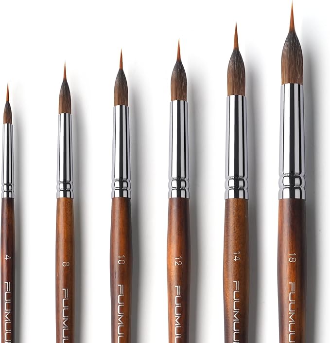 Watercolor Brushes Professional, Fuumuui 6Pcs Extended Needle Point Brushes Synthetic Extra Long Pinhead Brush with Sable Body for Fine Detailing - Watercolor Acrylic Gouache Inks Painting