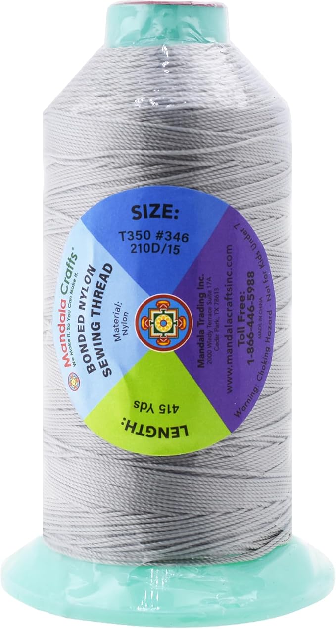 Mandala Crafts Bonded Nylon Thread Silver Heavy Duty Sewing Threads - 415 YDs Size 346 210D T350 Tex 350 Thread for Leather Jeans Weaving Outdoor Marine Upholstery Threads
