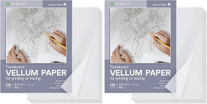 Translucent Vellum Paper 8.5 x 11, Goefun 100 Sheets Vellum Tracing Paper Printable for Invitations, Card Overlays, Belly Bands, DIYs, Sketching, Drawing (Pack of 2)