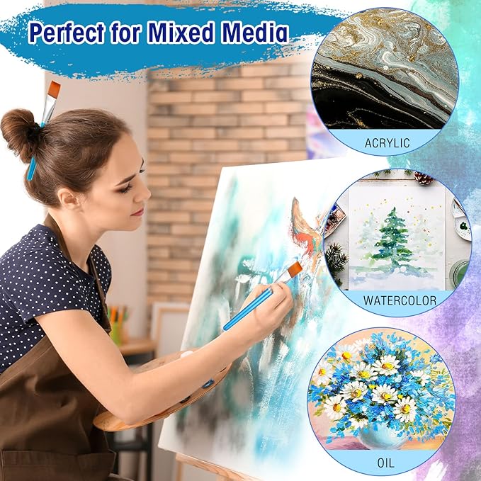 Zonon 10 Pcs 3/4 Inch Flat Paint Brushes Acrylic Painting Craft Accessories Small Watercolor Paint Brushes Bulk for Adult Artist Detail Oil Canvas Face(8.1 x 0.9 x 3/4 Inch,Sky Blue)