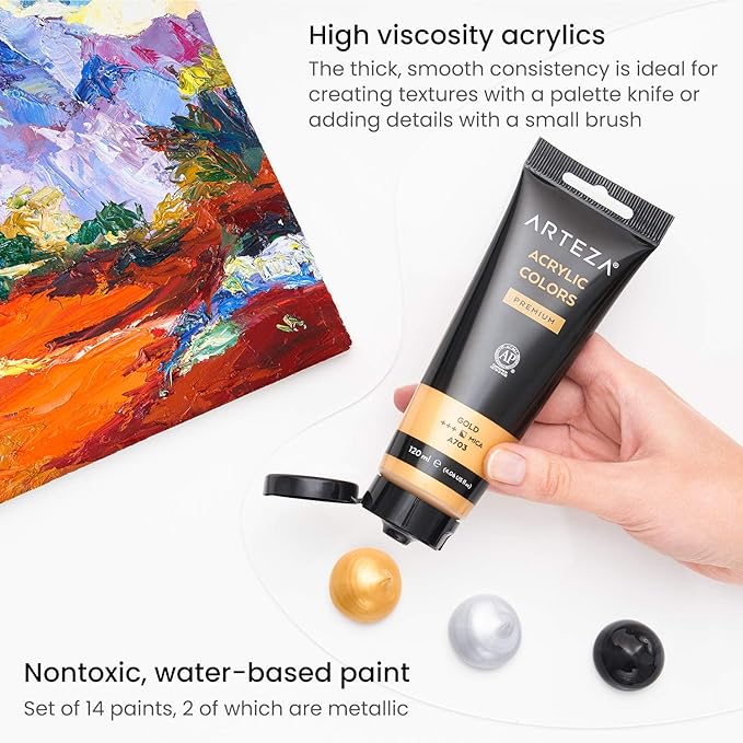 ARTEZA Acrylic Paint Set of 14 Colors, 4.06 Ounce Tubes, Non-Toxic Acrylic Artist Paints. Art Supplies for Painting