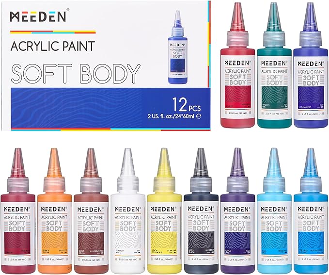 MEEDEN Soft Body Acrylic Paints Set: Matte Finish 12 Colors x 60ml/2oz Fluid Acrylic Paints for Art Painting on Canvas Wood & Glass for Students Adults Artists