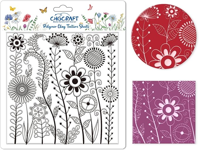CHGCRAFT Abstract Wildflowers Polymer Clay Texture Sheets Geometric Flowers Silicone Stamp Clay Texture Mat Modeling Pattern Pad Texture Sheets for Jewelry and Clay Earrings Tools, 5.5x5.5 inch