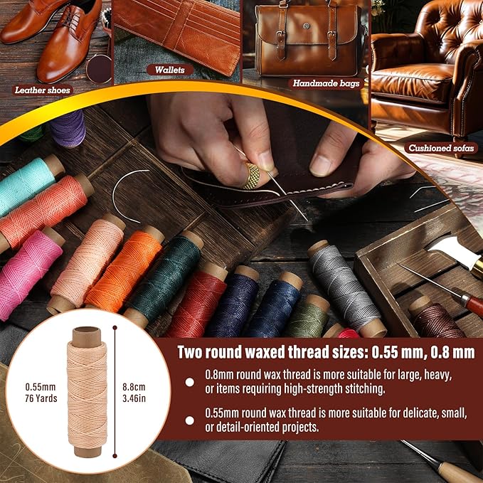 0.55 mm Round Waxed Thread, 14 Colors 76 Yards Spool Wax Coated String, Leather Sewing Waxed Thread for Sewing, Stitching, Beading, Bookbinding, Bracelet, Braiding