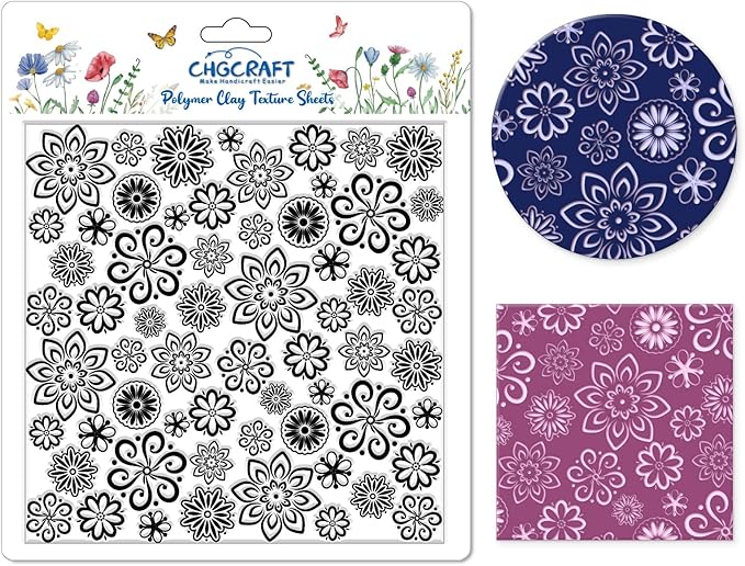 CHGCRAFT Lace Flowers Polymer Clay Texture Sheets Geometric Flowers Silicone Texture Stamp Clay Texture Mat Modeling Pattern Pad Texture Sheets for Jewelry and Clay Earrings Tools, 5.5x5.5 inch