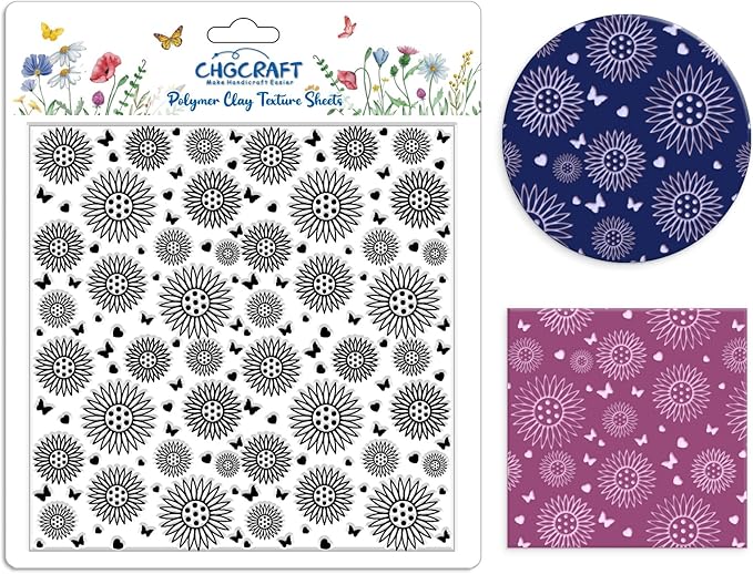 CHGCRAFT Sunflowers Polymer Clay Texture Sheets Butterfly Silicone Texture Stamp Love Heart Clay Texture Mat Modeling Pattern Pad Texture Sheets for Jewelry and Clay Earrings Tools, 5.5x5.5 inch