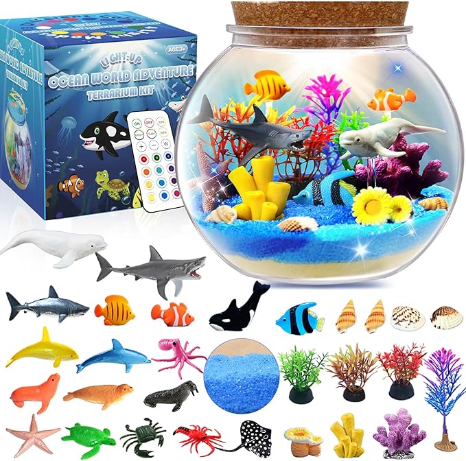 Ocean Light Up Terrarium Kit for Kids - Sea Animal Toys LED Night Light Birthday Gift for Boys & Girls Ages 4 5 6 7 8-12, Kids Arts & Crafts Kit