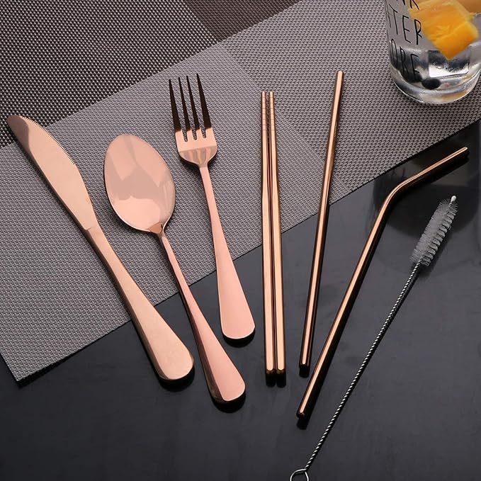 Travel Utensils Set with Case Reusable Portable Cutlery Set Stainless Steel 8pcs Including Dinner Knife Fork Spoon Chopsticks straws(Rose Gold)