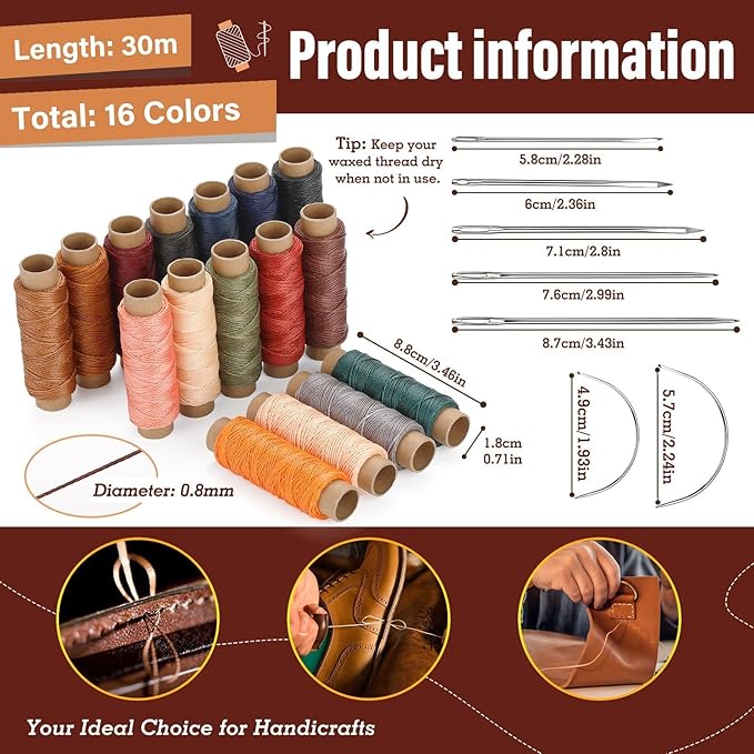 0.8 mm Leather Sewing Thread, 16 Colors 32 Yards Waxed Thread, Round Waxed Thread, Wax String for Bracelet Making, Sewing Stitching, Bookbinding, Braiding