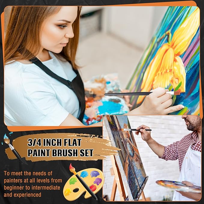 Zonon 10 Pcs 3/4 Inch Flat Paint Brushes Acrylic Painting Craft Accessories Small Watercolor Paint Brushes Bulk for Adult Artist Detail Oil Canvas Face(8.1 x 0.9 x 3/4 Inch,Black)