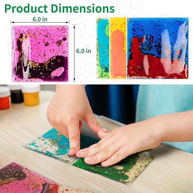 LONGKING 4-Pack Liquid Tiles for Kids, Soft Gel Liquid Sensory Toys for Autistic Children, Sensory Mats, Sensory Toys for Toddlers 3-4