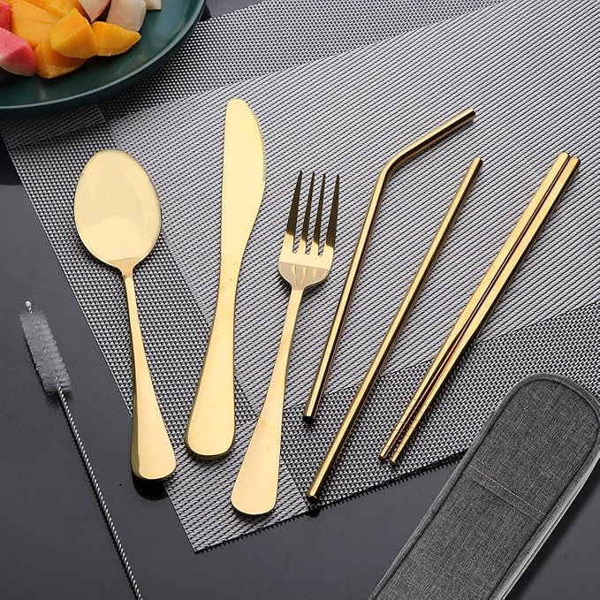 Travel Utensils Set with Case Reusable Portable Cutlery Set Stainless Steel 8pcs Including Dinner Knife Fork Spoon Chopsticks straws(Gold)