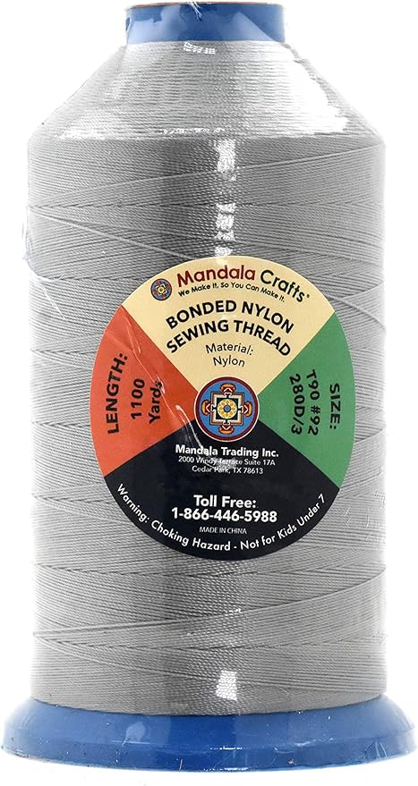 Mandala Crafts Bonded Nylon Thread Gray Heavy Duty Sewing Threads - 1100 YDs Size 92 280D T90 Tex 90 Thread for Leather Jeans Weaving Outdoor Marine Upholstery Threads