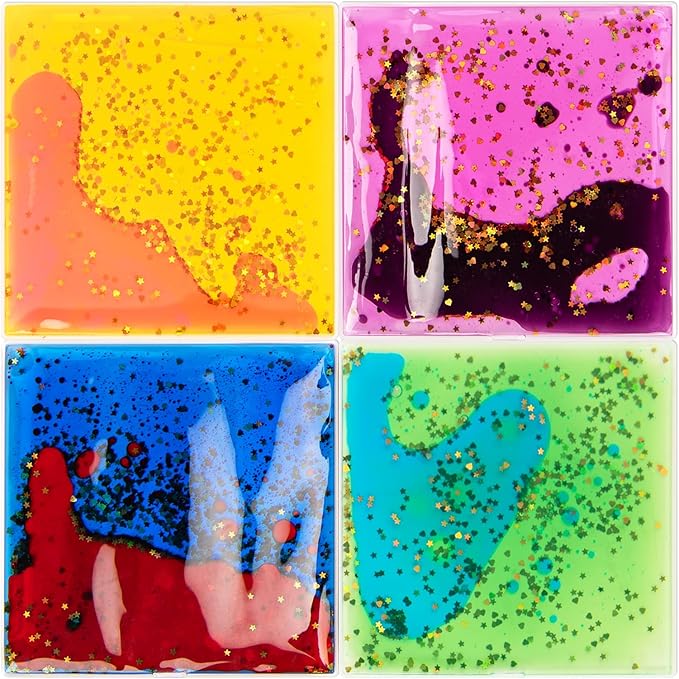 LONGKING 4-Pack Liquid Tiles for Kids, Soft Gel Liquid Sensory Toys for Autistic Children, Sensory Mats, Sensory Toys for Toddlers 3-4