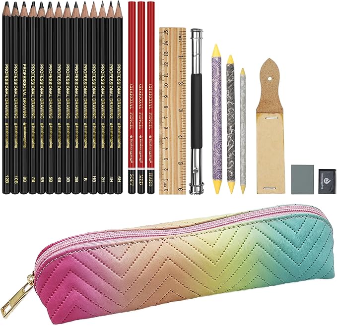 Heshengping 26 Pack Sketching Set Drawing Pencils Kit Art Supplies Include Graphite Charcoal Professional Pencils Set Cute Portable case for Artists Adults Beginners Artist
